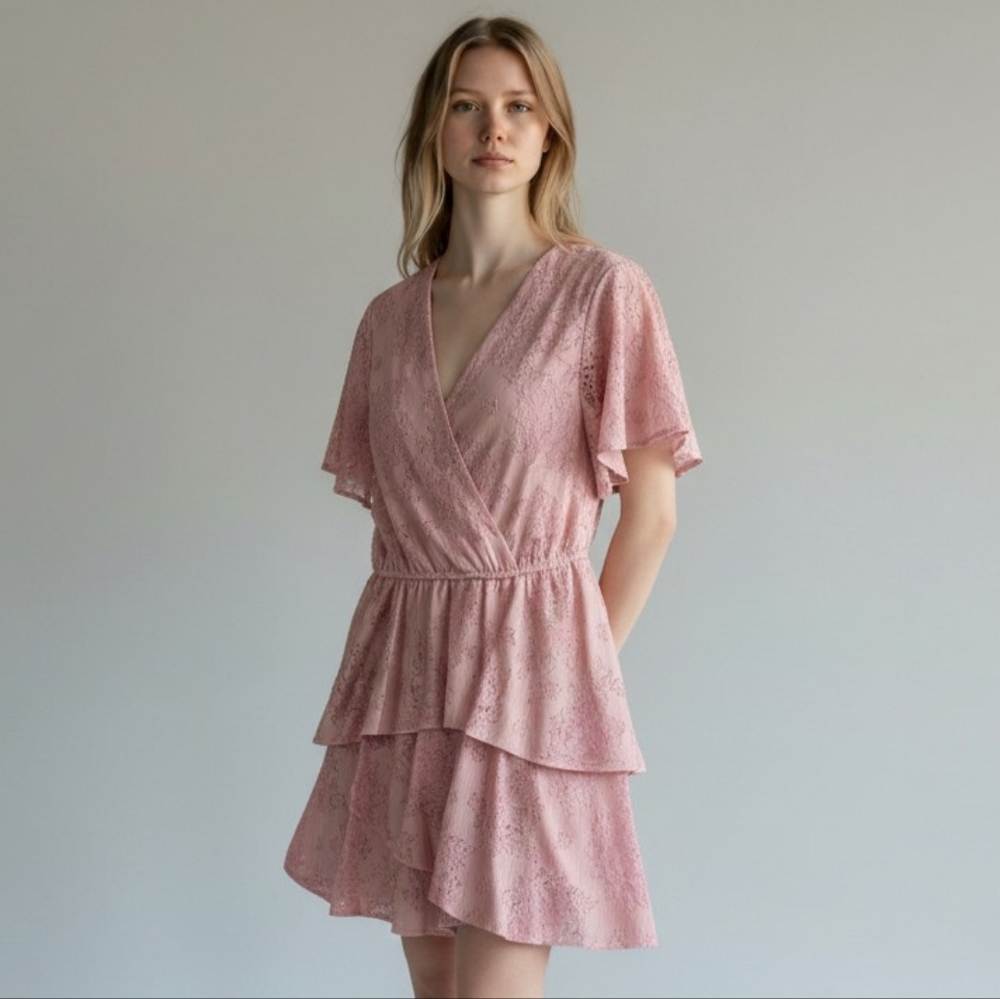 Pink Lace Spring Summer Knee Length Dress Short Sleeves Andree Unit LARGE NWT